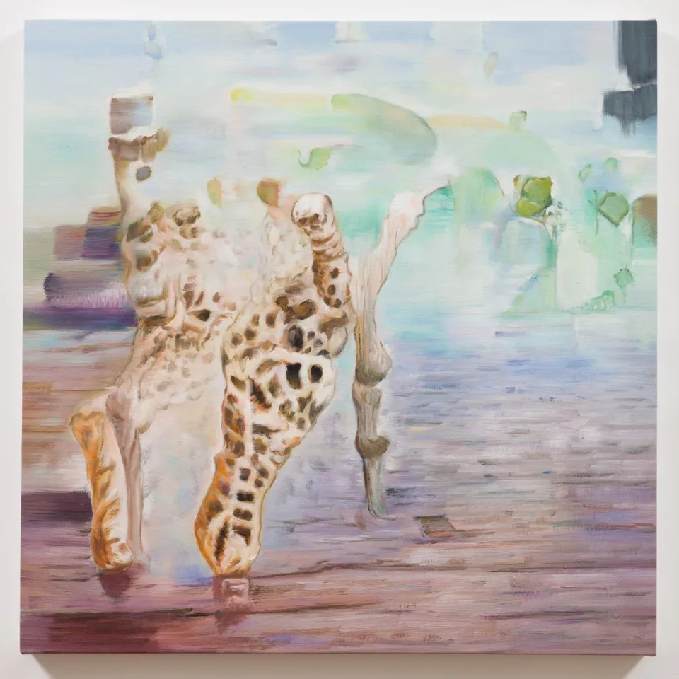 An oil painting of a pale spotted animal-like figure on a wooden surface in a hazy interior.