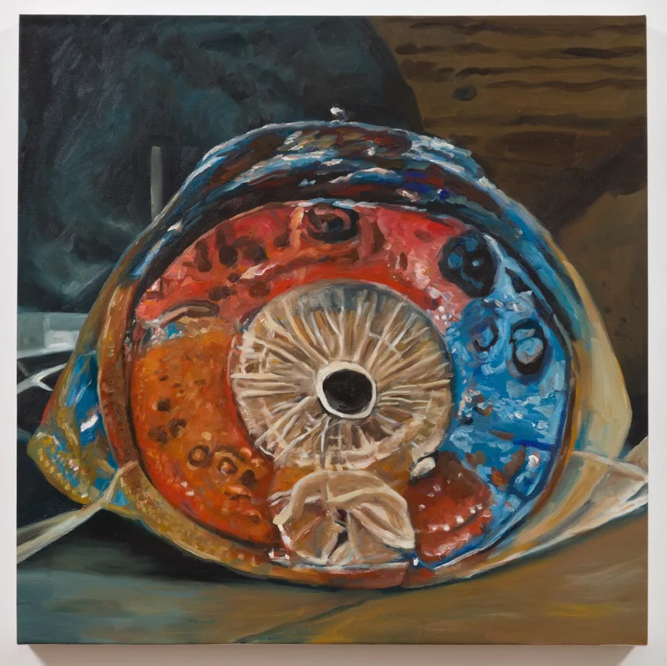 An oil painting of a rounded blue and orange object with a pale radial opening at its center.