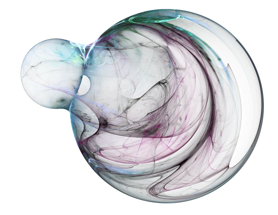 Two joined translucent circular forms contain fine black, gray, and purple curves on white.