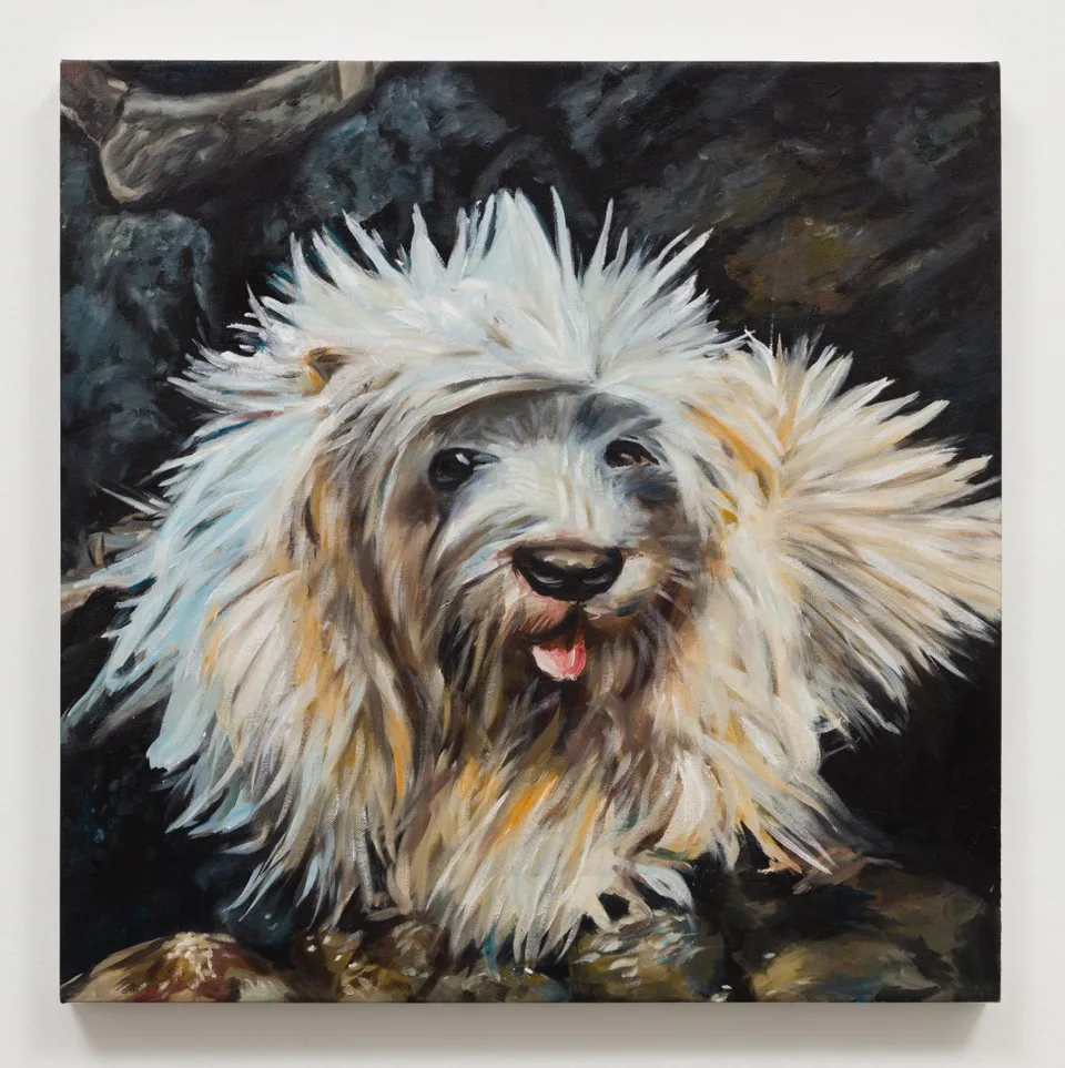 An oil painting of a shaggy pale animal-like face with dark eyes and an open mouth.
