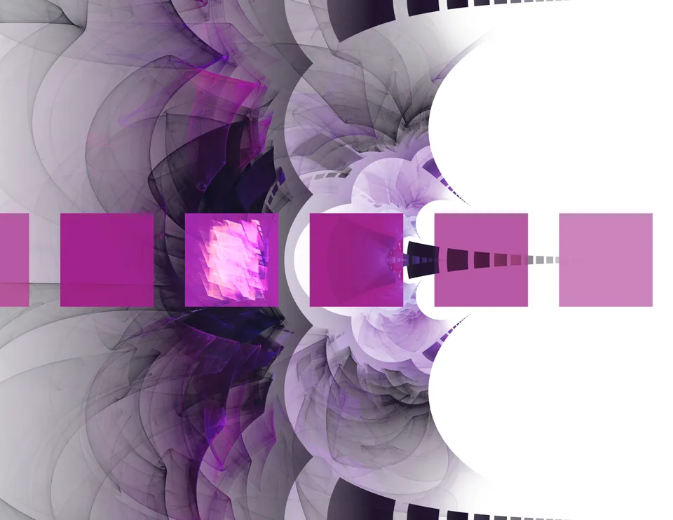 A horizontal row of magenta squares crosses mirrored gray and purple curves, with small squares receding toward white.