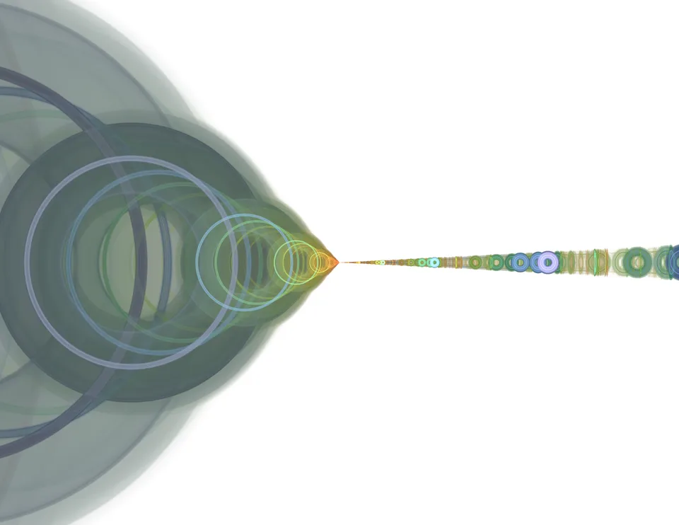 Large translucent gray-green rings narrow from the left toward a thin horizontal trail of small colored circles.