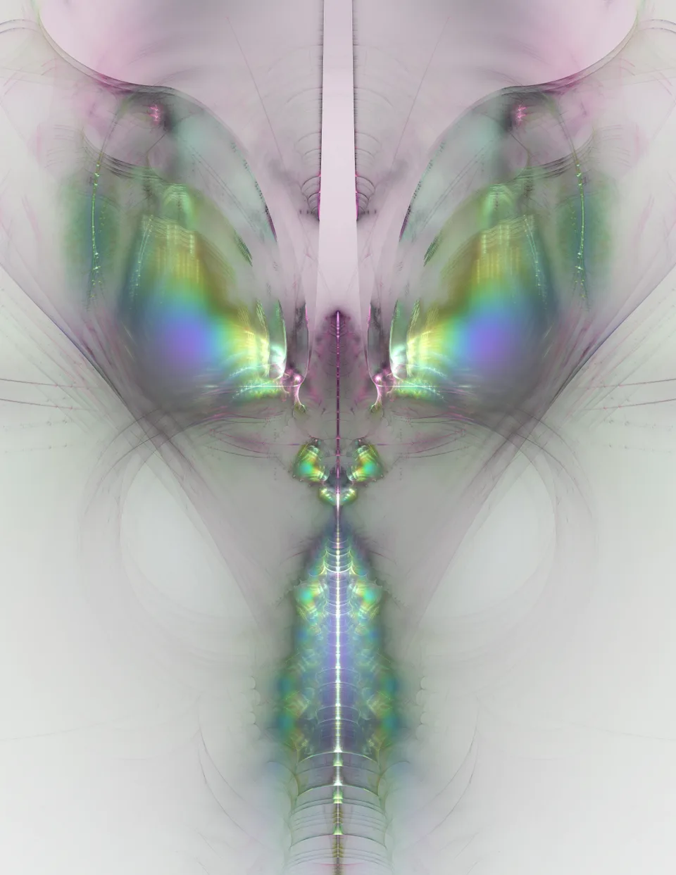 Mirrored green and violet forms spread from a narrow central axis above a descending line of small colored rings.