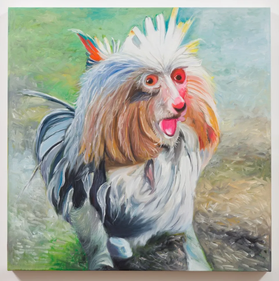 An oil painting of a shaggy bird-like head with red facial details against a green background.