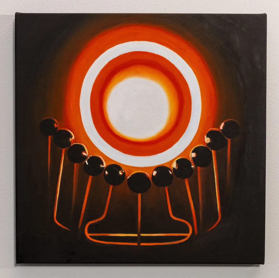 A square painting shows concentric white and orange circles above a semicircle of dark round forms.