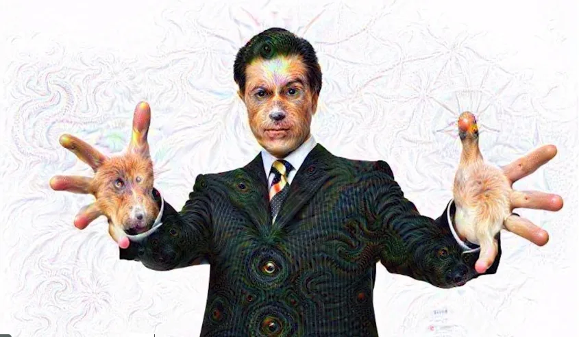 A stylized portrait of a suited man with outstretched hands used for deep learning impressions