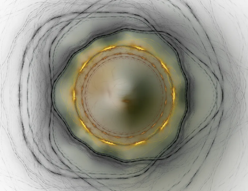 A luminous golden ring surrounds a soft green-gray center, encircled by fine black curves on a pale background.