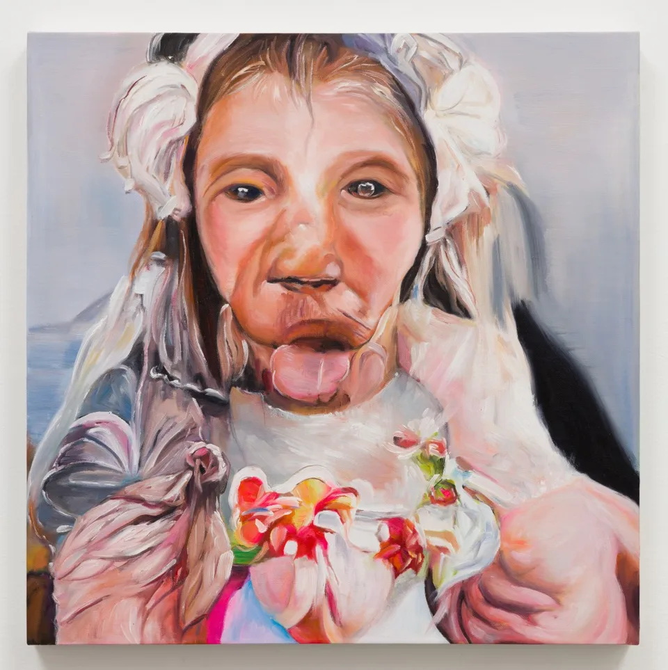 An oil painting of an elongated face with pale hair above distorted clothing and floral shapes.