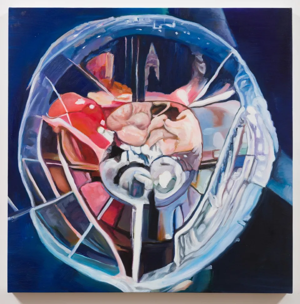 An oil painting of a circular blue frame surrounding clustered flesh-toned and red forms.