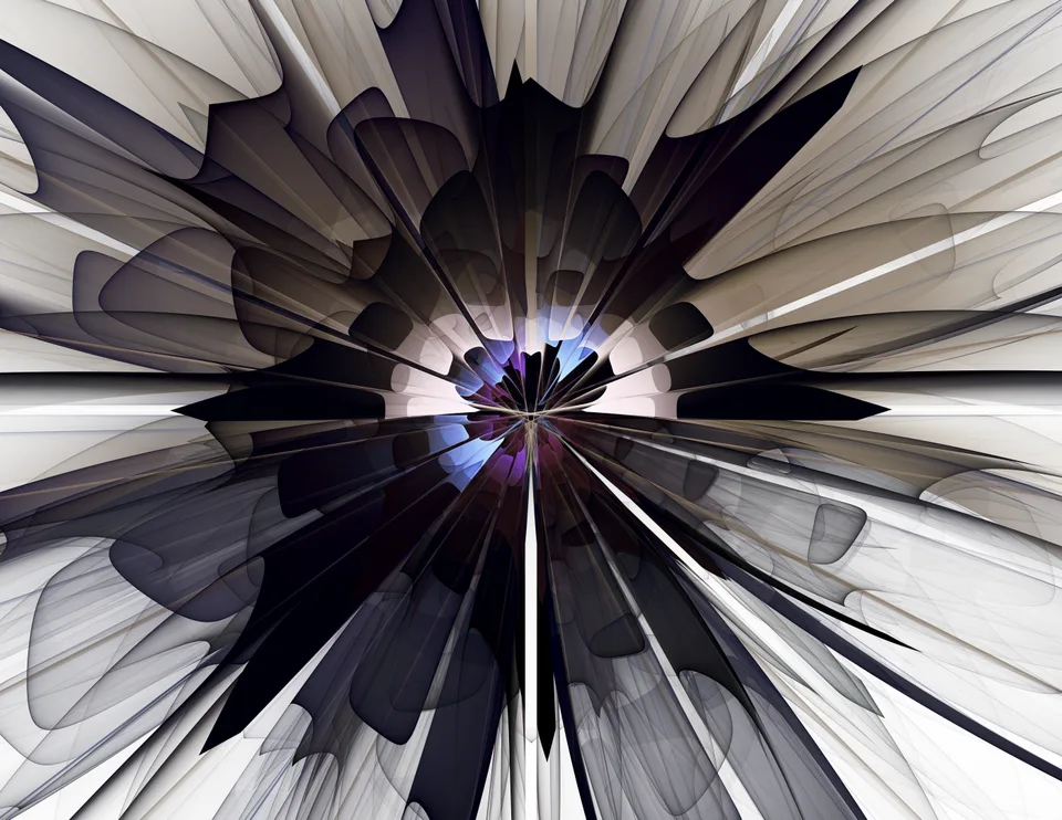 Broad black and gray pointed forms radiate outward from a small purple center.