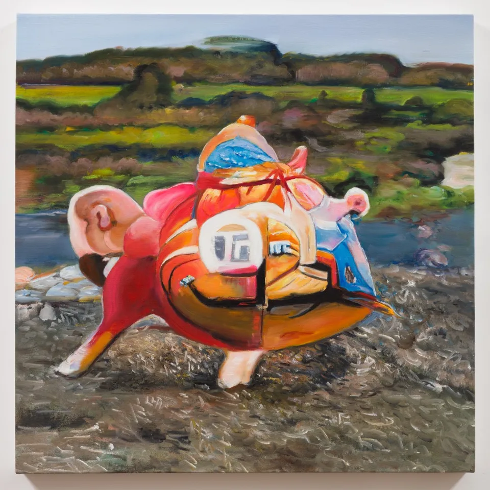 An oil painting of a rounded red and orange creature-like form standing in a rocky landscape.