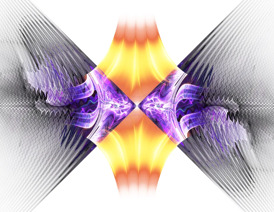 Mirrored purple curves meet at the center between orange-yellow bands and fans of fine black lines.