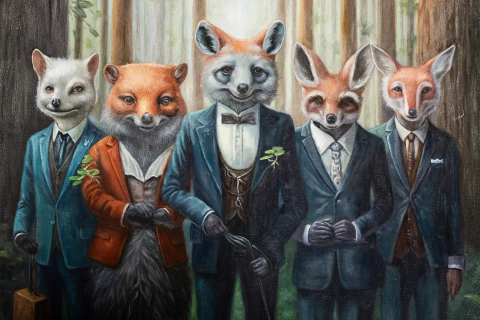 Close-up of the fox-headed figures and their formal clothing in the forest painting.