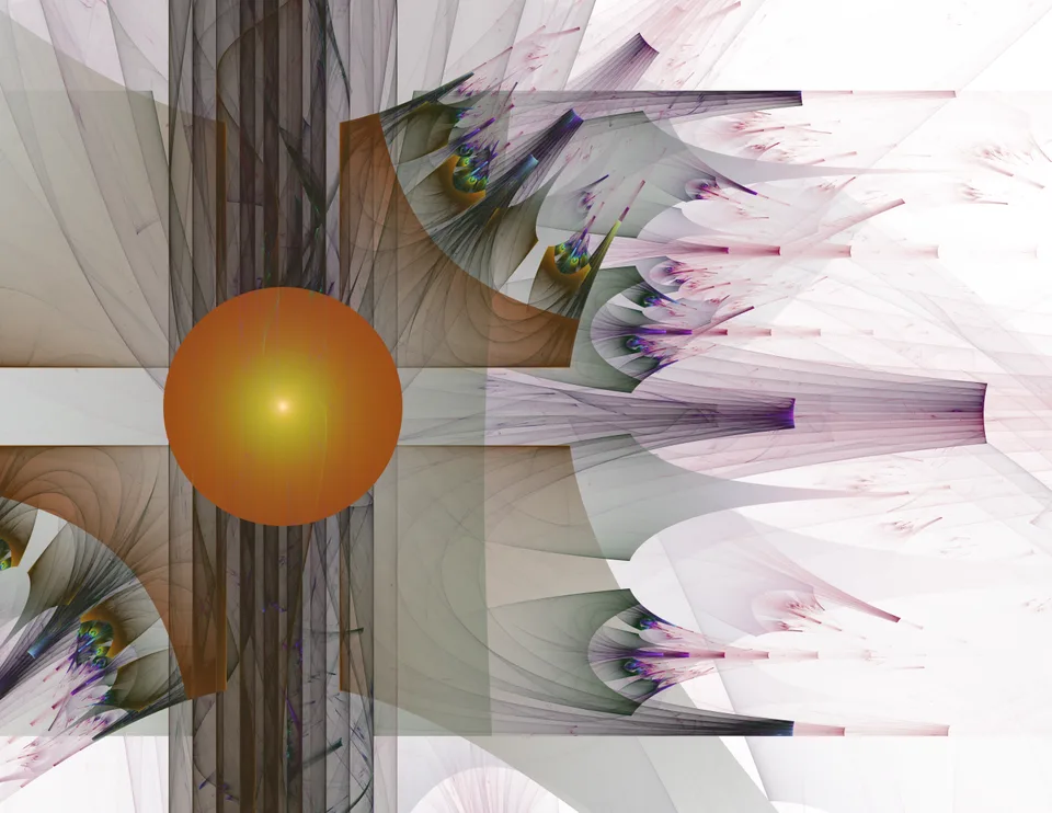 An orange sphere sits beside intersecting gray planes and repeated white and purple curves.