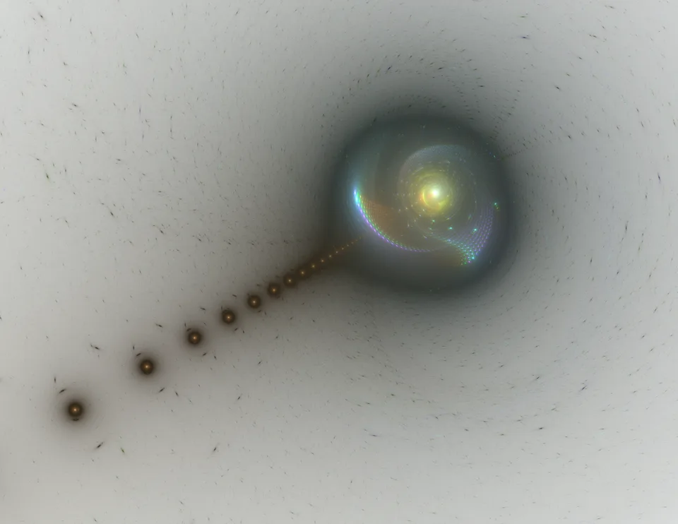 A diagonal trail of small dark rings leads toward a glowing yellow center within a smoky blue-gray circle.