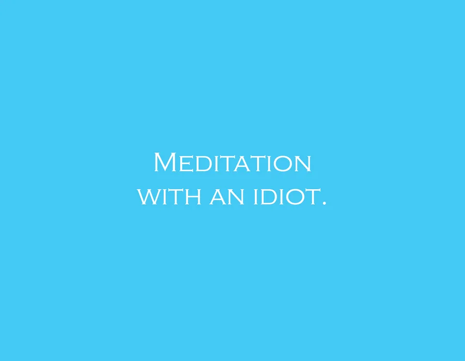 White lettering on blue reads: Meditation with an idiot.
