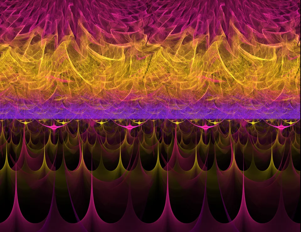 Rows of yellow, orange and magenta curves form a bright horizontal band above dark hanging loops.