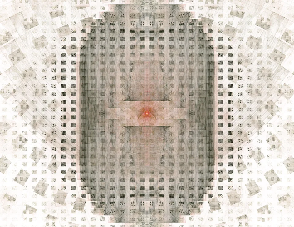 Rows of small gray square forms curve around a pale orange center on an off-white background.