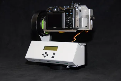 A camera mounted on the motorized GigaPan panoramic platform
