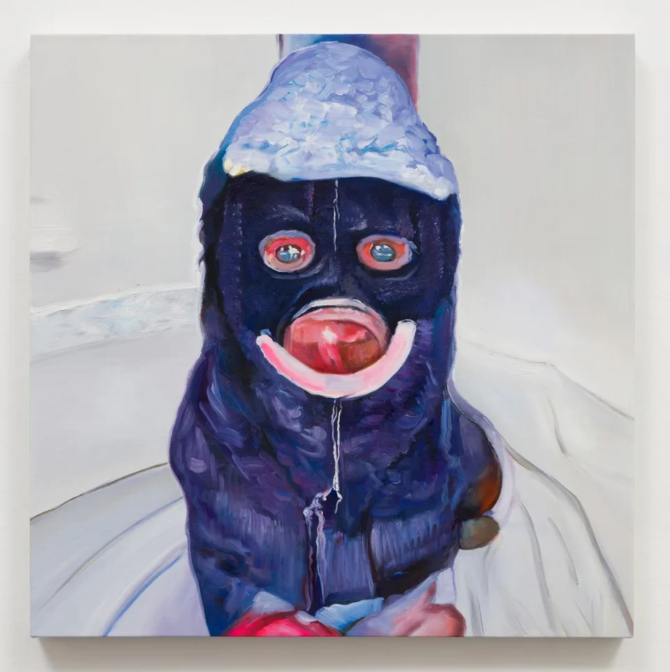 An oil painting of a dark blue mask-like head with pink lips and a pale blue cap.