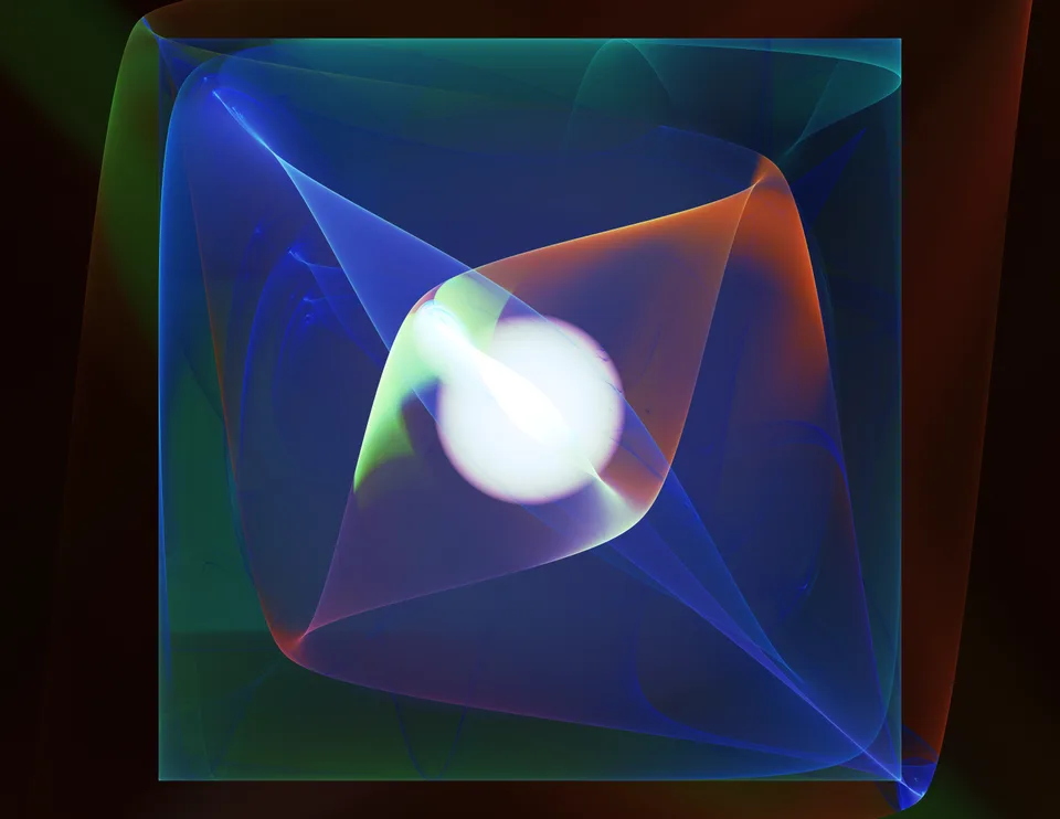 A bright white oval sits inside overlapping blue, green, purple, and orange curved planes on a dark background.
