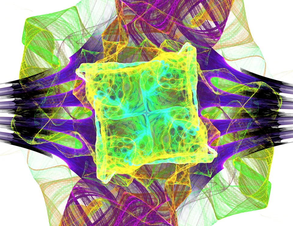 A bright yellow-green square with cellular patterns sits between mirrored purple and black bands and looping green forms.