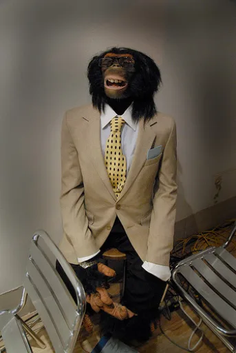 James Chimpton installed with a suit and tie at the exhibition
