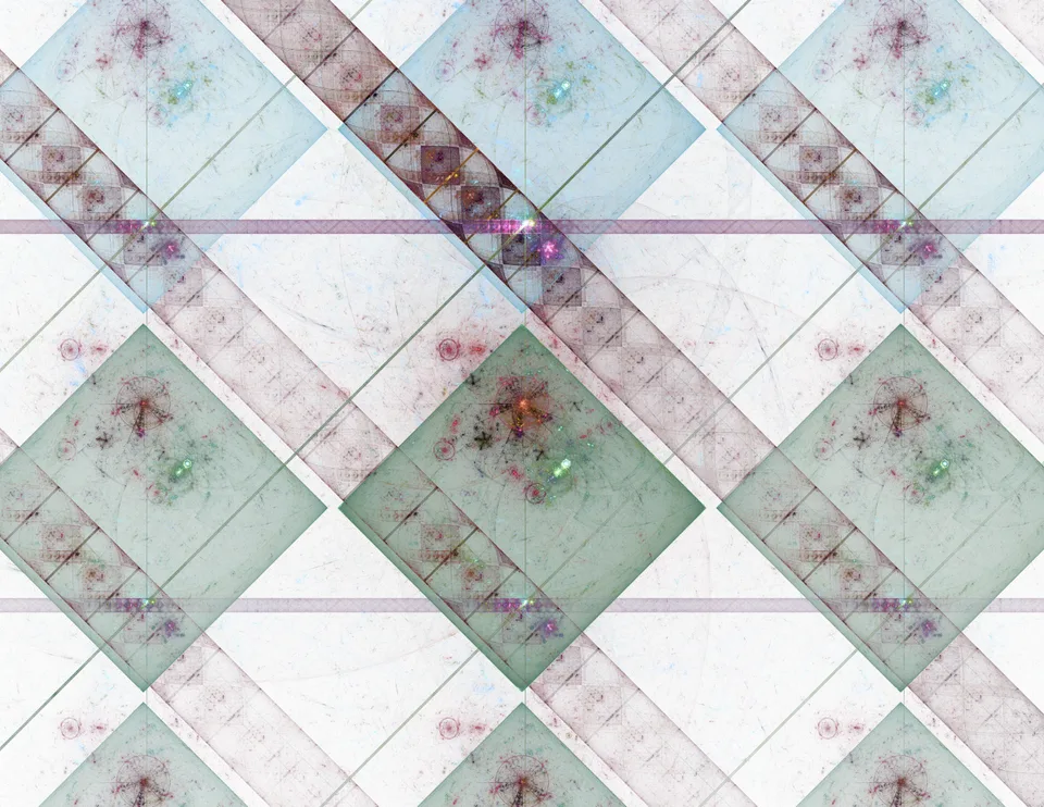 Pale blue and green diamond-shaped panels repeat diagonally, crossed by thin pink bands and scattered colored textures.