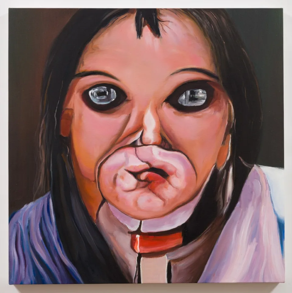 An oil painting of a long-haired face with enlarged eyes and overlapping mouth-like forms.