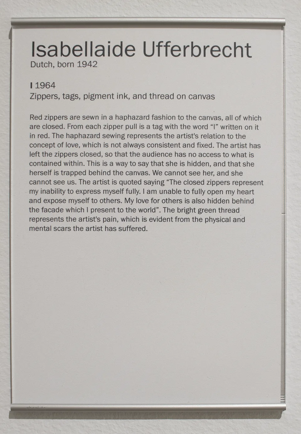 Printed wall label for I, attributed to the fictional artist Isabellaide Ufferbrecht.