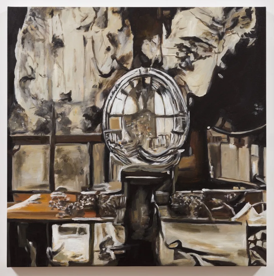 An oil painting of a circular mirror-like object among gray and brown interior forms.
