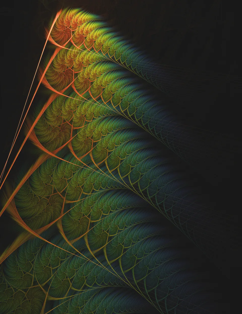 Fine orange lines branch into repeated green and yellow loops along a diagonal edge against a dark background.