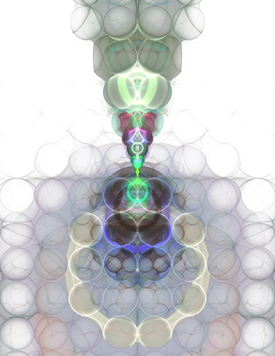 A vertical chain of translucent green, gray and violet circles connects two broad clusters of rounded forms.