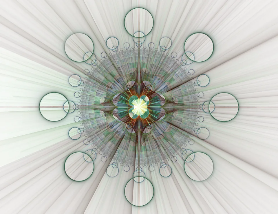 Thin green circles and gray radial lines surround a small yellow-green center on a pale background.