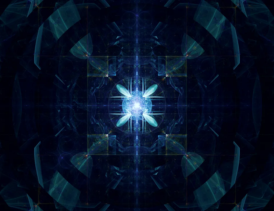A small bright blue-white shape radiates fine lines within a symmetrical dark blue composition.