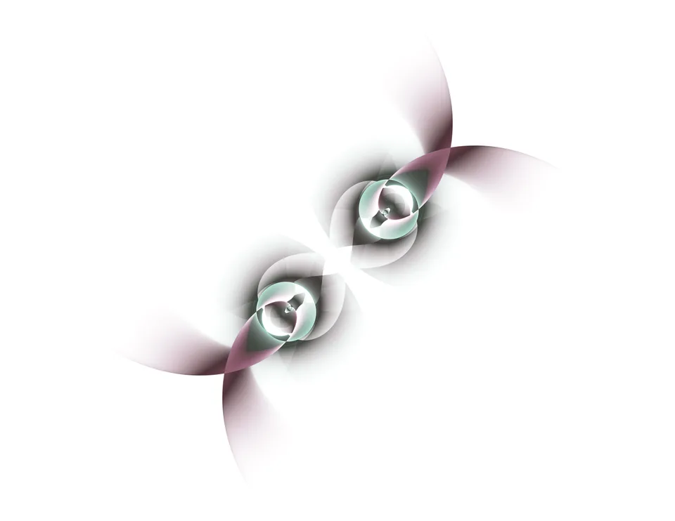 Two small curled silver forms connect diagonally through soft purple and gray ribbons on white.