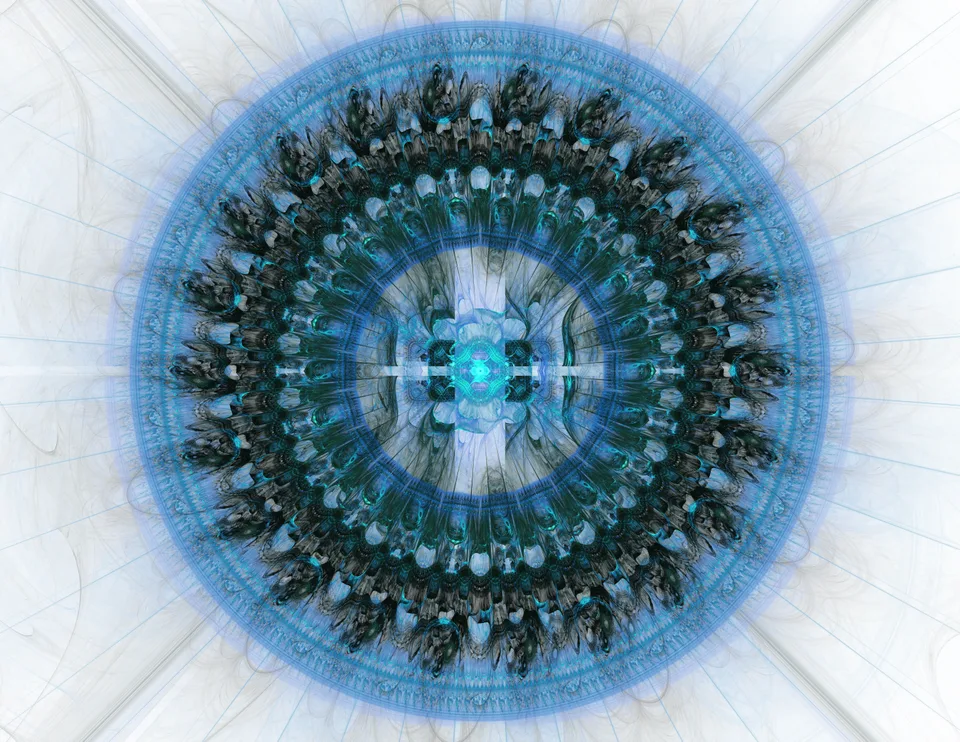 Dense blue and black repeating forms create a circular ring around a pale turquoise center.