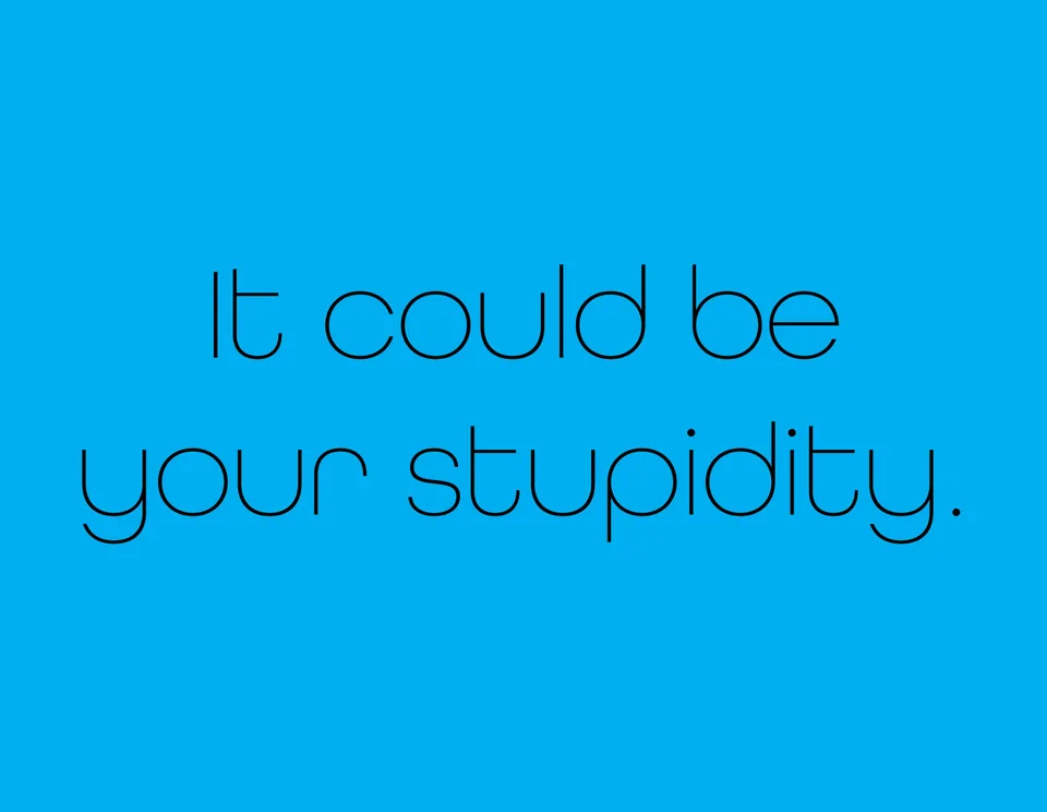 Thin black lettering on blue reads: It could be your stupidity.