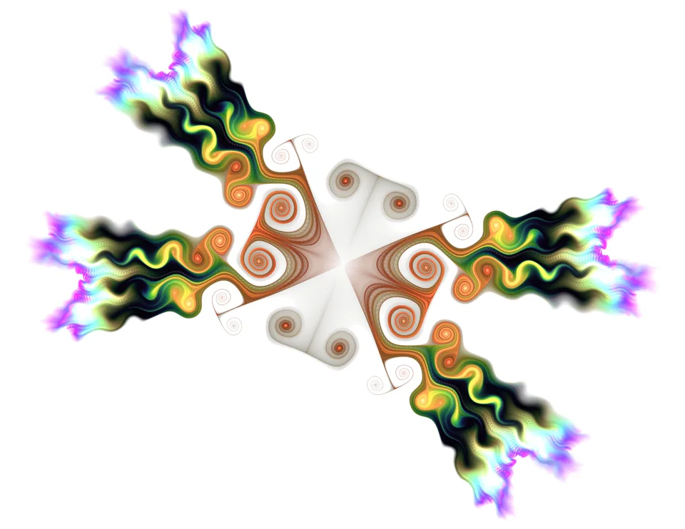 Four branching arms of black, green, orange and violet curls meet around a white center.