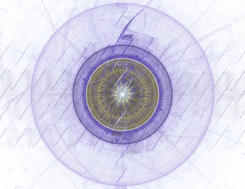 A fine yellow radial pattern sits inside concentric purple circles with faint angular lines on a pale background.