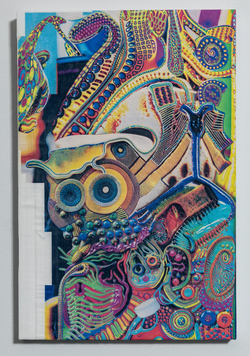 Full view of a vertical painting of brightly colored interlocking mechanical and organic forms.