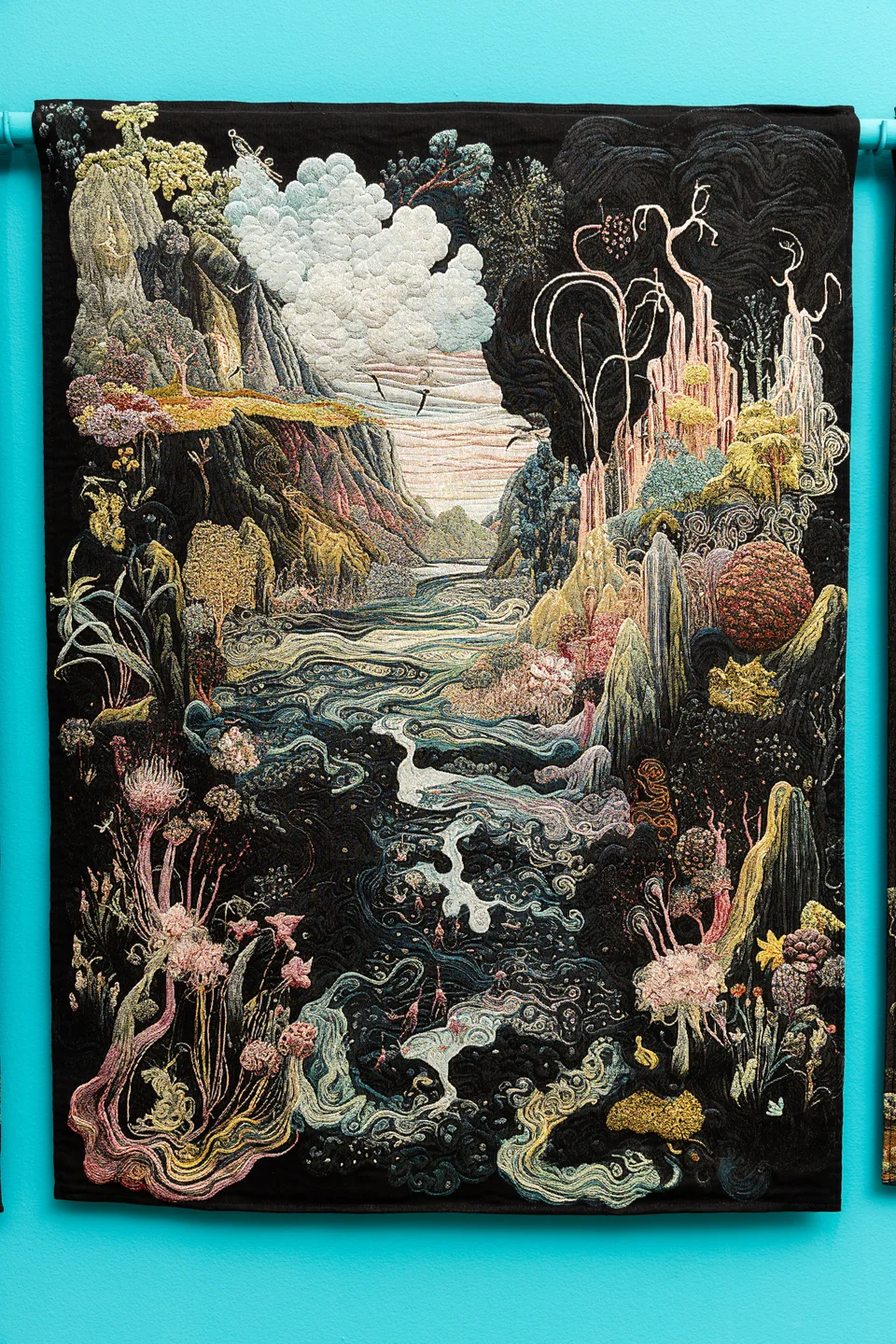 The middle tapestry depicts an intricate imaginary valley, winding water and organic structures.