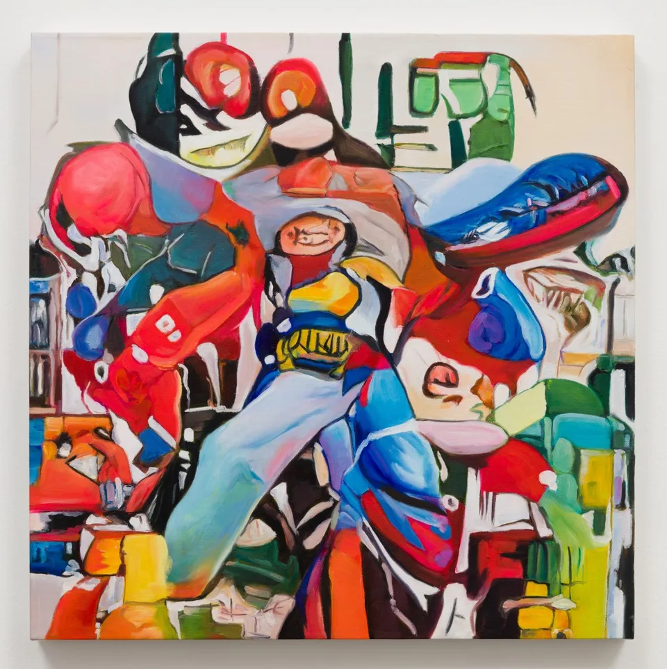 A square oil painting filled with overlapping red, blue, green and yellow toy-like shapes.