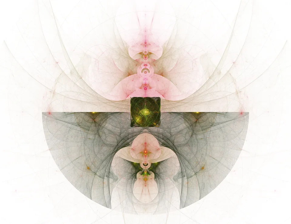 Pale pink mirrored curves meet a small dark square above a translucent gray semicircle on white.