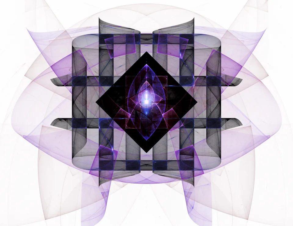 Translucent purple and gray rectangles surround a dark central diamond with a small glowing violet center.