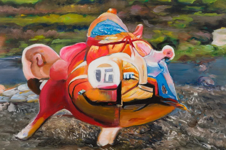 Detail of a painting with a round red and orange creature-like form and blue shapes across its top.