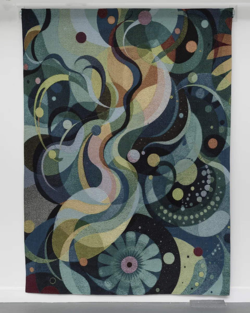 A vertical tapestry contains flowing teal, blue, cream, and pink curves, circles, and flower-like shapes.
