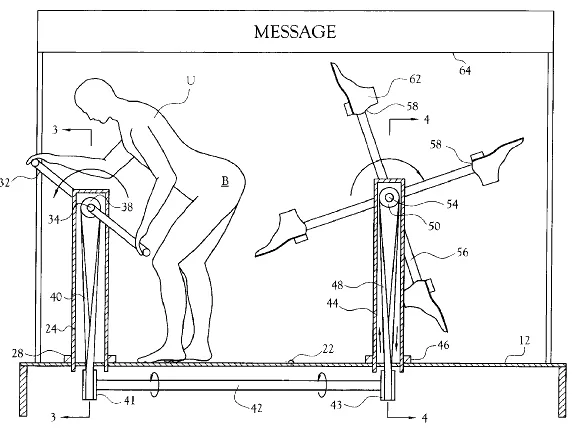 A patent drawing of a person using a treadmill fitted with rotating mechanical arms