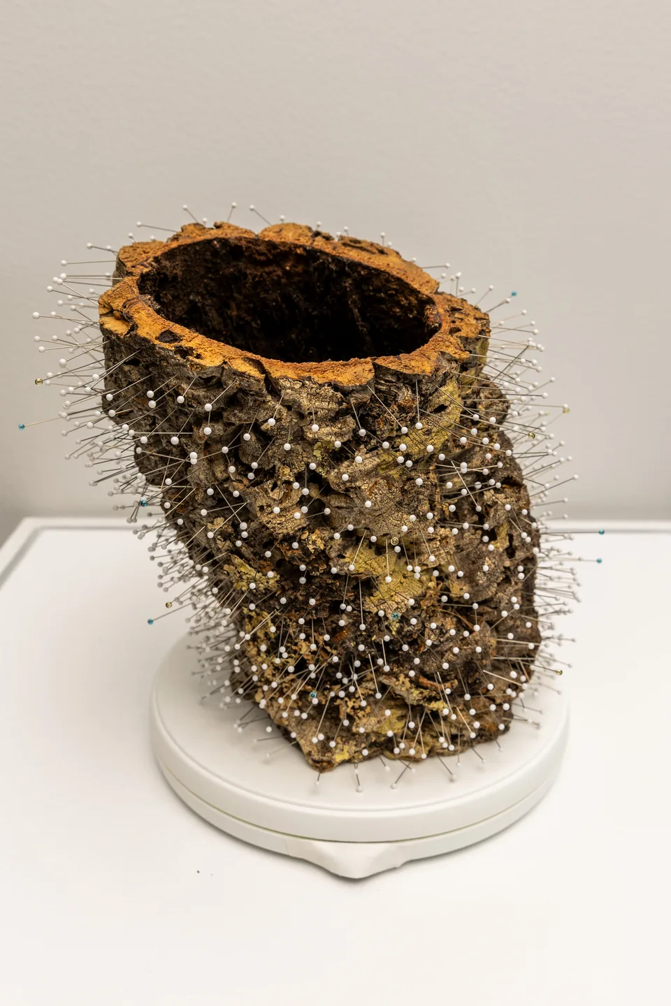 A hollow cork form densely covered with metal pins on a circular white base.