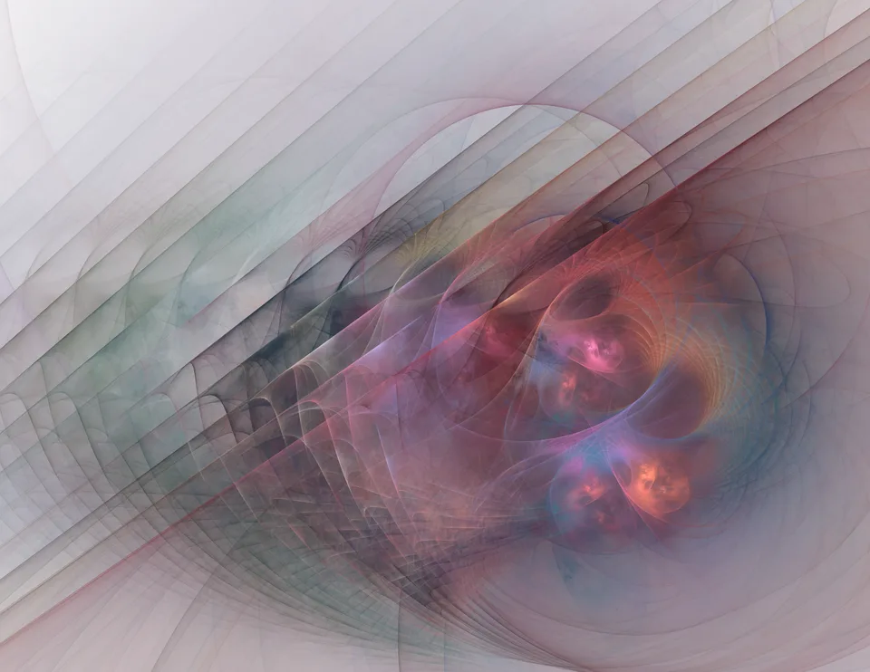 Translucent diagonal planes overlap smoky gray curves and glowing red and violet loops.